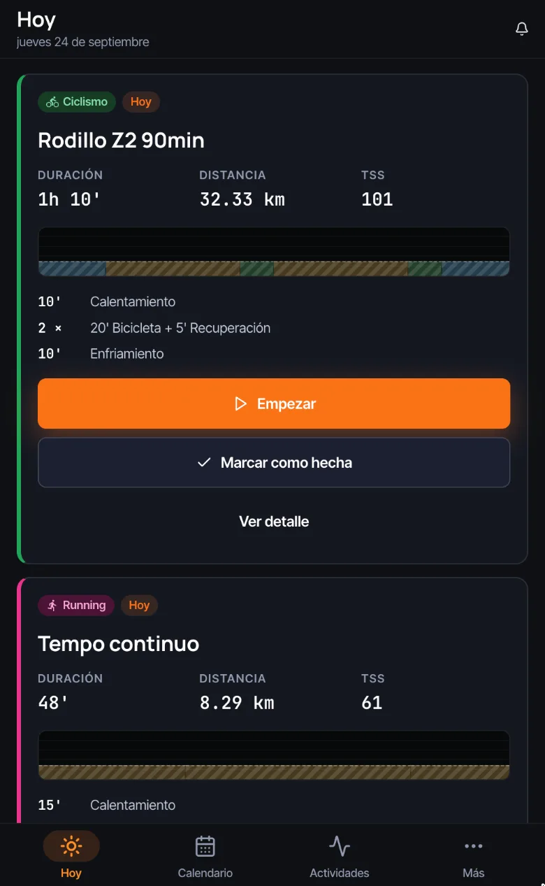La pantalla de hoy del atleta, con su entrenamiento