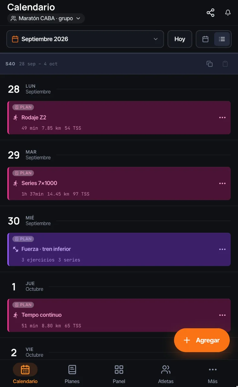 El calendario del coach en Ayron, con la semana de un grupo