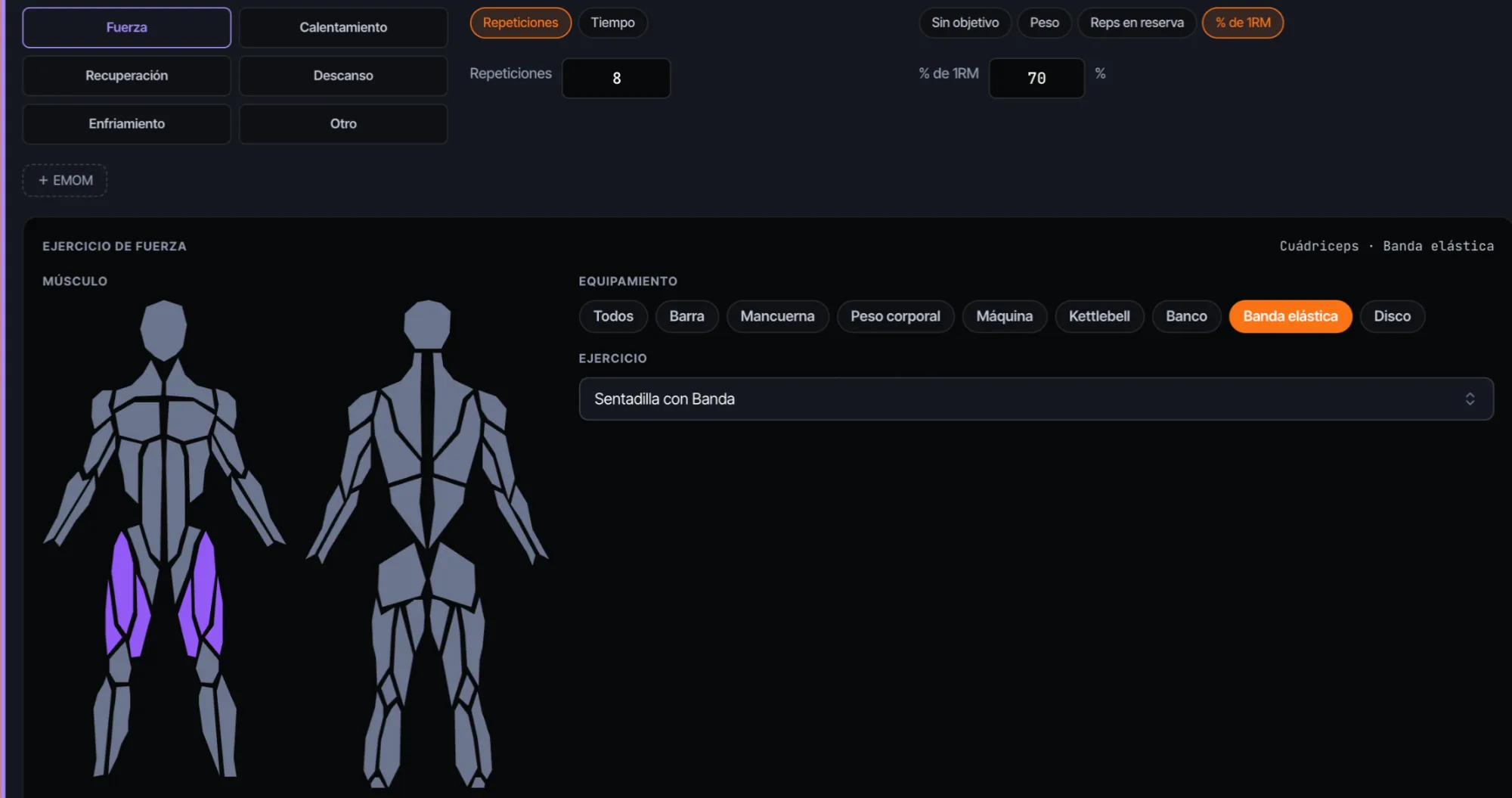 El editor de un paso de fuerza, con el ejercicio, su equipamiento, el músculo que trabaja y un objetivo en porcentaje del 1RM